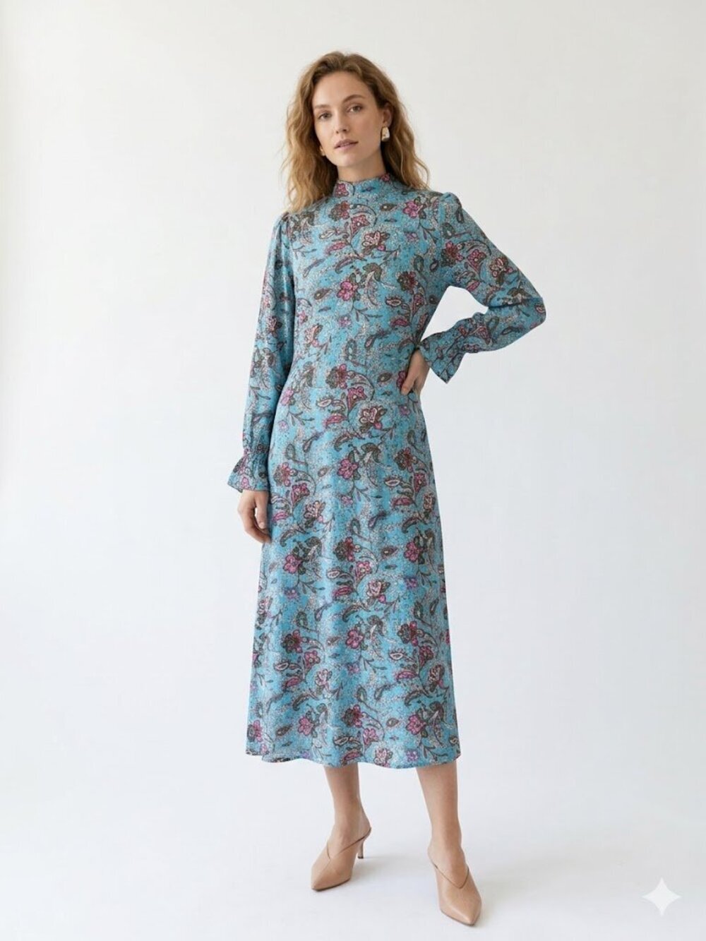 LOFT Blue Paisley Midi Dress Size 4 Long Sleeve Mock Neck Keyhole